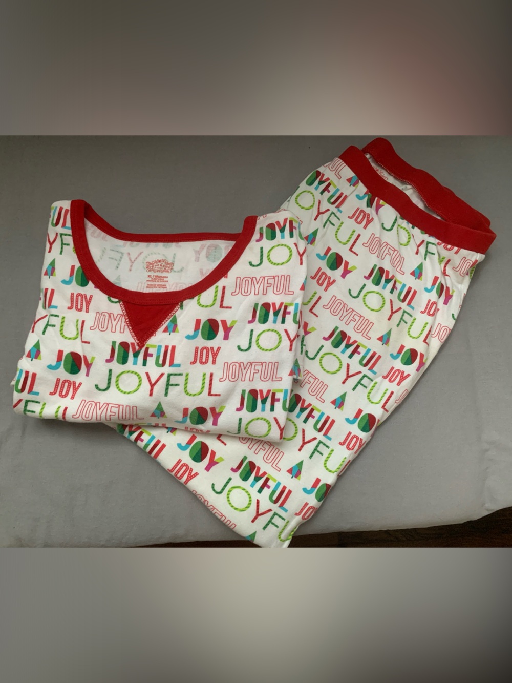 Woman’s Wondershop White 'Joyful' Pajama Set with Red Trim and Multicolor Print